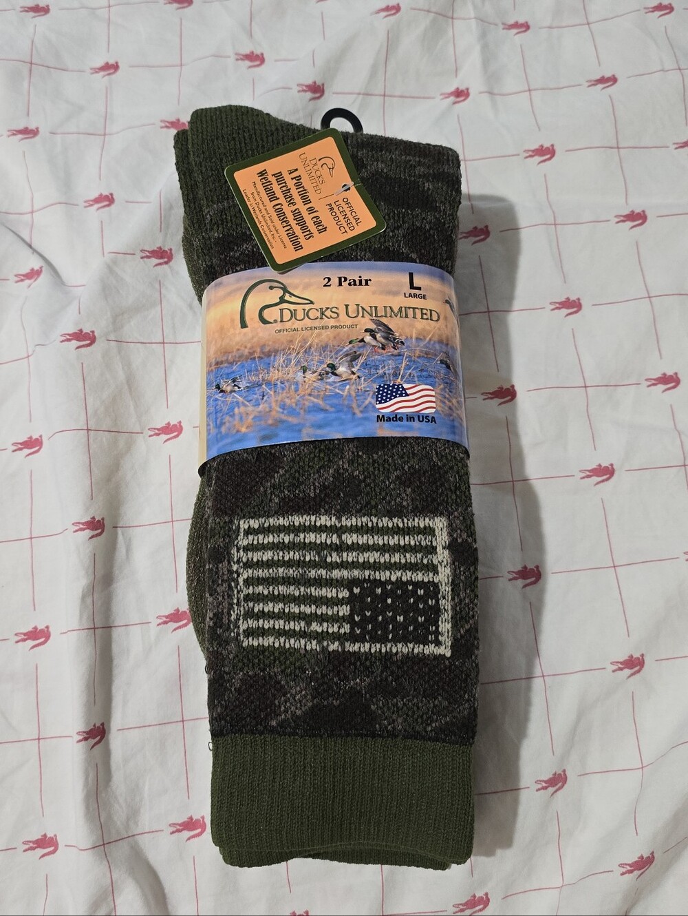 NWT Ducks Unlimited Men's Large Crew Socks Camo Green Brown Made In USA